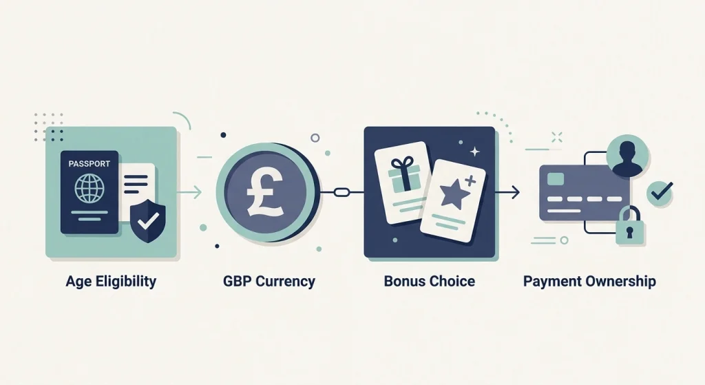 Editorial illustration of a LuckyWave account setup decision flow covering age, GBP currency, bonus choice and payment ownership