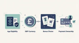 Editorial illustration of a LuckyWave account setup decision flow covering age, GBP currency, bonus choice and payment ownership