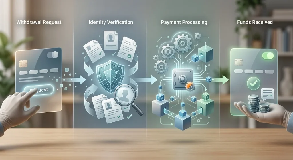 Editorial illustration of a withdrawal request moving through verification, processing and receipt stages