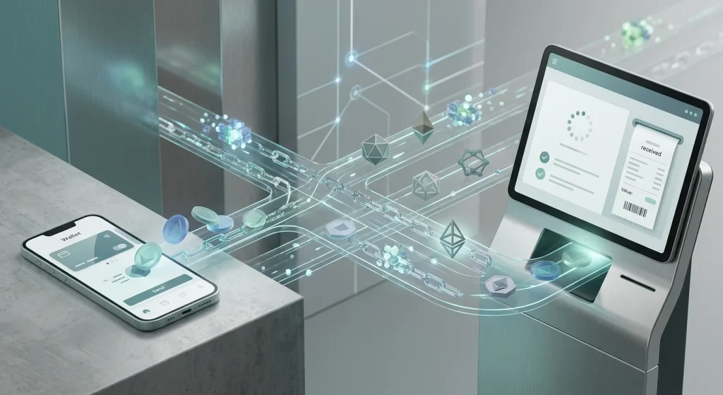 Editorial illustration of cryptocurrency payment rails connecting a wallet to an online casino cashier