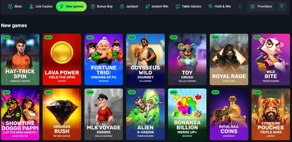 LuckyWave casino lobby with game categories, provider filters and game tiles