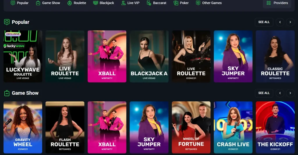 LuckyWave live casino page showing category tabs, provider labels and live game tiles