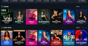 LuckyWave live casino page showing category tabs, provider labels and live game tiles