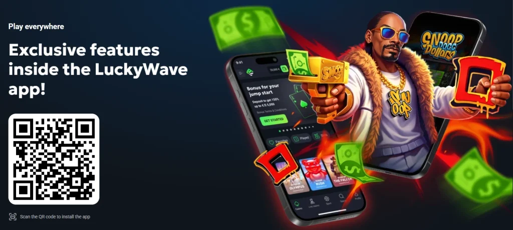 LuckyWave official app install page showing iPhone, iPad and Android access with casino features