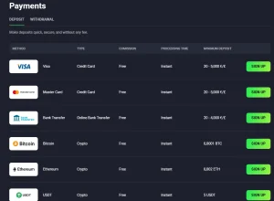 LuckyWave payments table showing card, bank-transfer and cryptocurrency methods