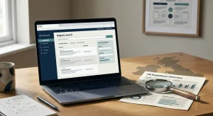 Neutral editorial illustration of a public licence-register check with UK regulatory symbols, without copied regulator logos or seals