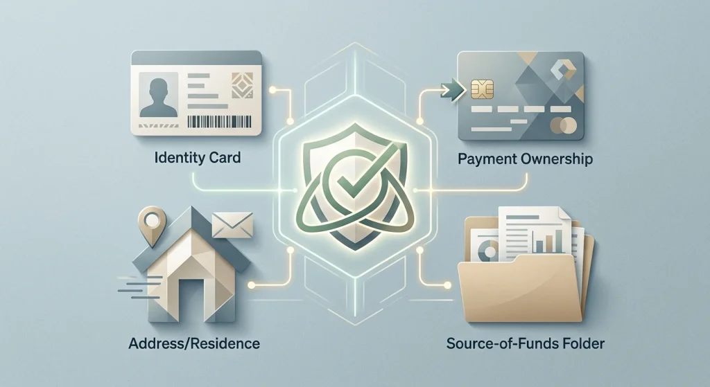 Neutral identity verification illustration showing ID, address, source-of-funds and payment ownership symbols without real documents or casino interface