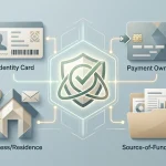 Neutral identity verification illustration showing ID, address, source-of-funds and payment ownership symbols without real documents or casino interface
