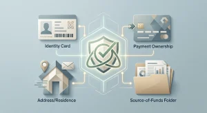 Neutral identity verification illustration showing ID, address, source-of-funds and payment ownership symbols without real documents or casino interface